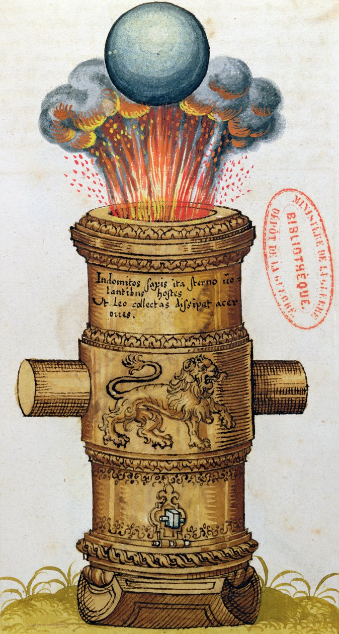 Canhão levantado disparando uma bala de canhão, de The Art of Artillery, 1570 (wc) de German School