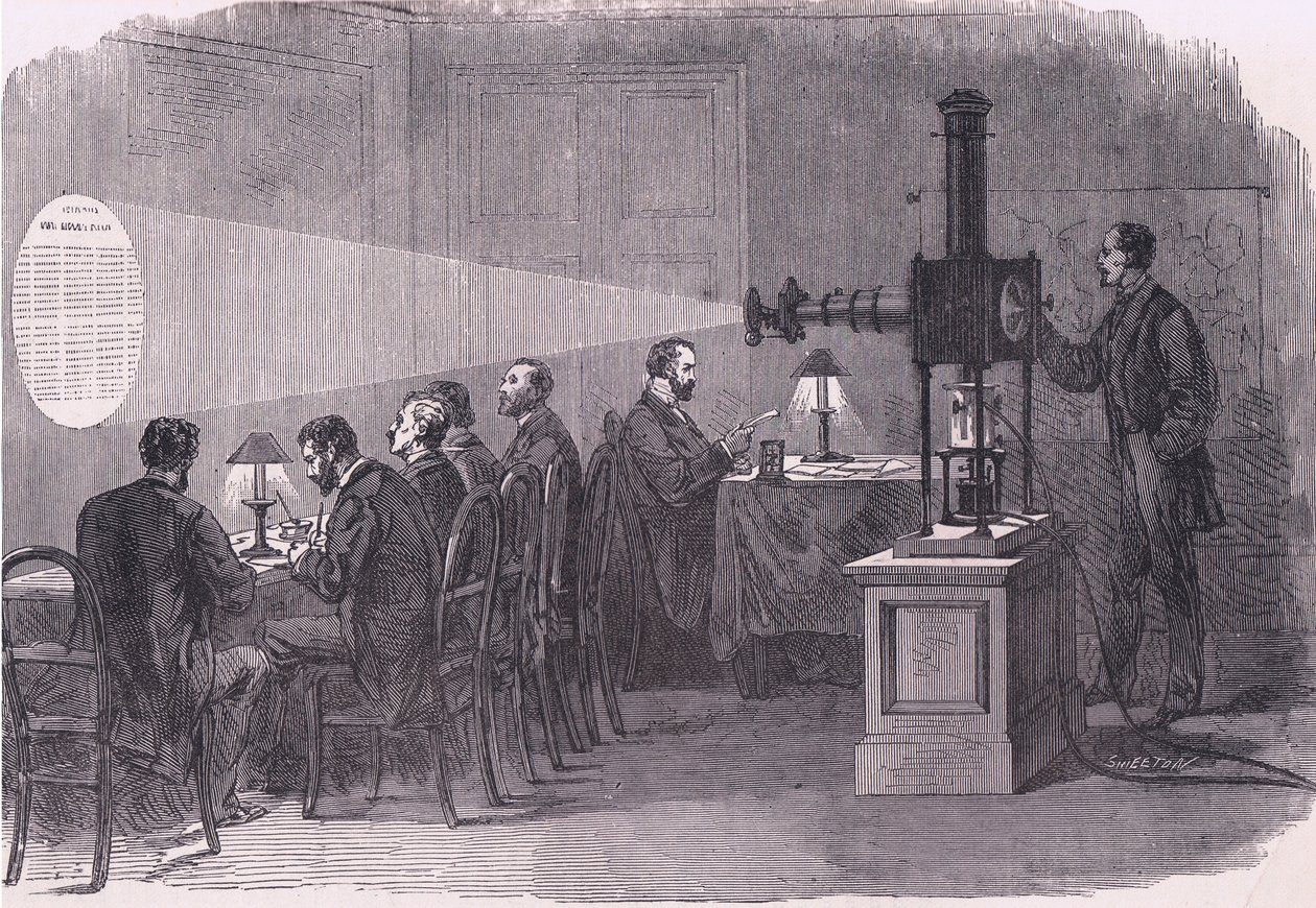Leitura de partidas de balões por microscópio, Cassells History of the War between France and Germany publicado por Cassell and Company Limited, c.1890 (litho) de German School