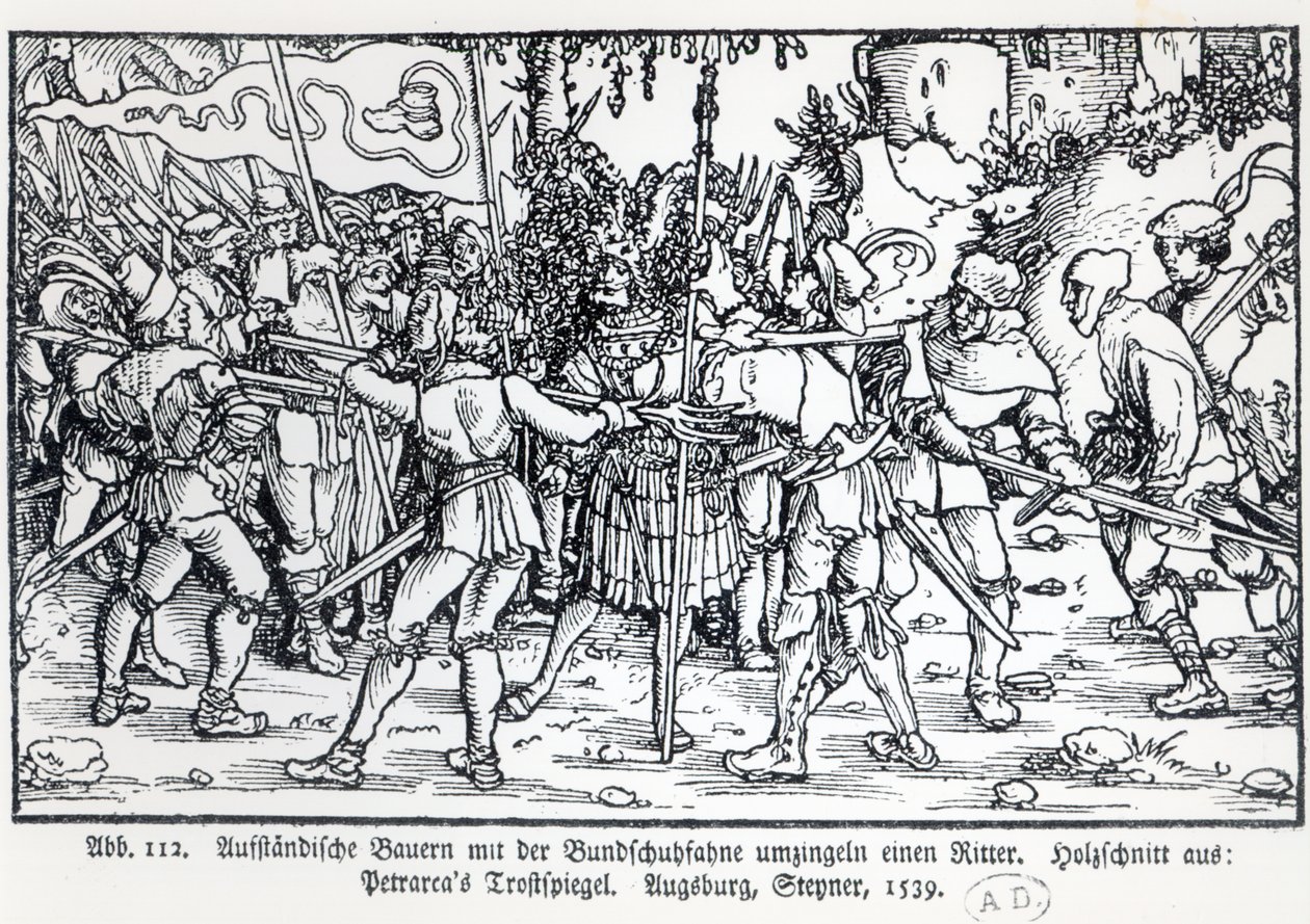 Camponeses rebeldes que cercam um cavaleiro, de uma ilustração a Trostspiegel por Petrarch, 1539 de German School