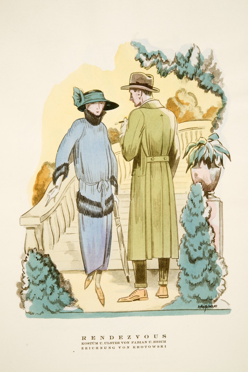 Rendezvous, roupa e sobretudo "Ulster" de Fabian & Hrich de Styl, pub.1922 (pochoir print) de German School