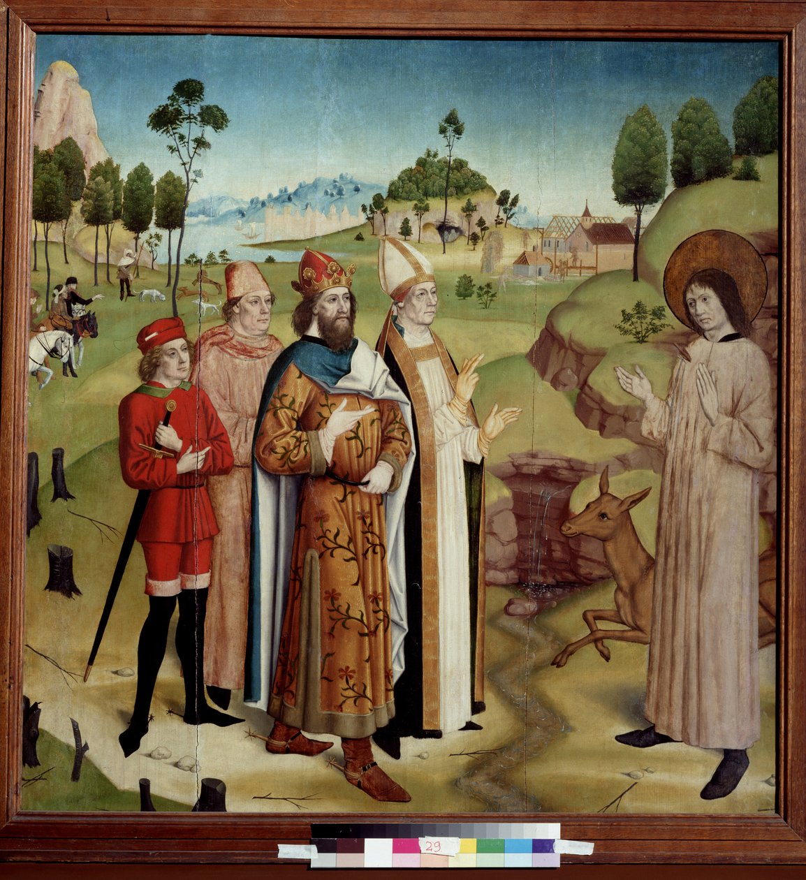 "Representação da reunião do rei visigodo Wamba (672-680 d.C.) e de São Giles, o eremita (ou Aegidius) (século VII), ferido pela flecha de um caçador, com a sua retaguarda" (São Giles e rei Wamba na caça real) de German School