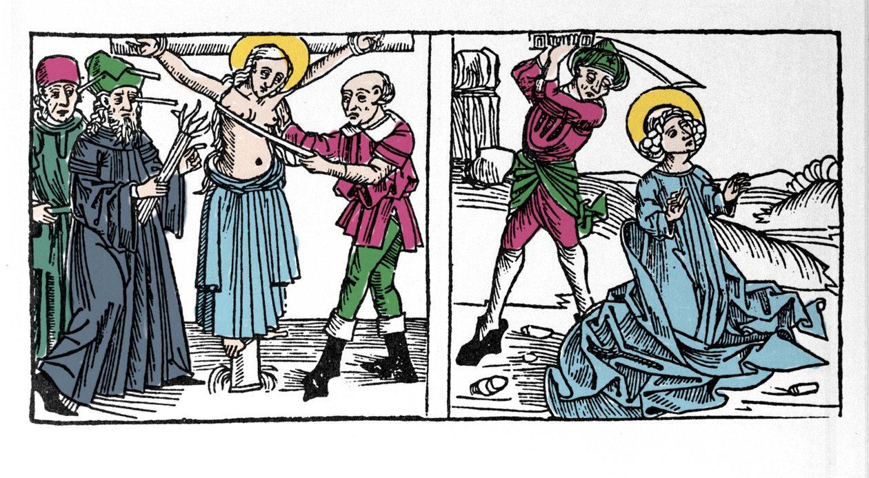 Representação do martírio de Santa Serafia (Serapia) (Serafia da Síria), cristã do século II. Gravura de "Leben der Heiligen - sommerteil" (O livro do santo) de Jacobus (Tiago) de Voragine (1228-1298). Lubeck 1488. de German School