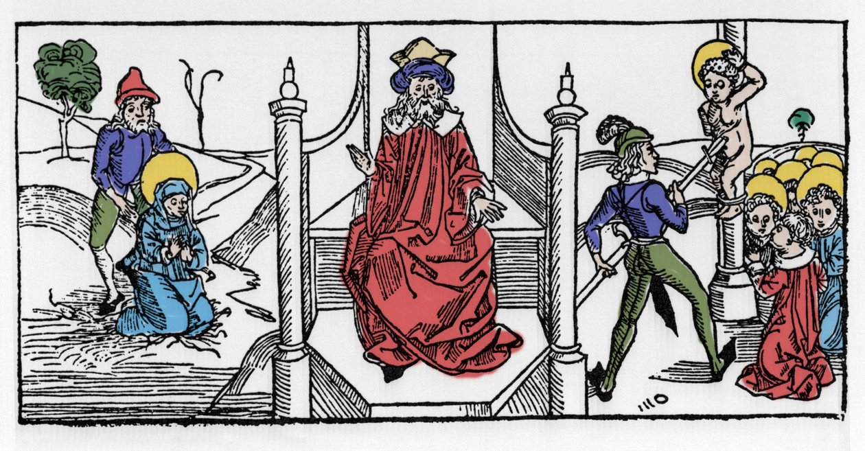 Representação do martírio de Santa Symphorose, cristã do século II, e de seus sete filhos, sob o reinado do Imperador Adriano. Gravura de "Leben der Heiligen - sommerteil" (O livro do santo) de Jacobus (Tiago) de Voragine (1228-12) de German School