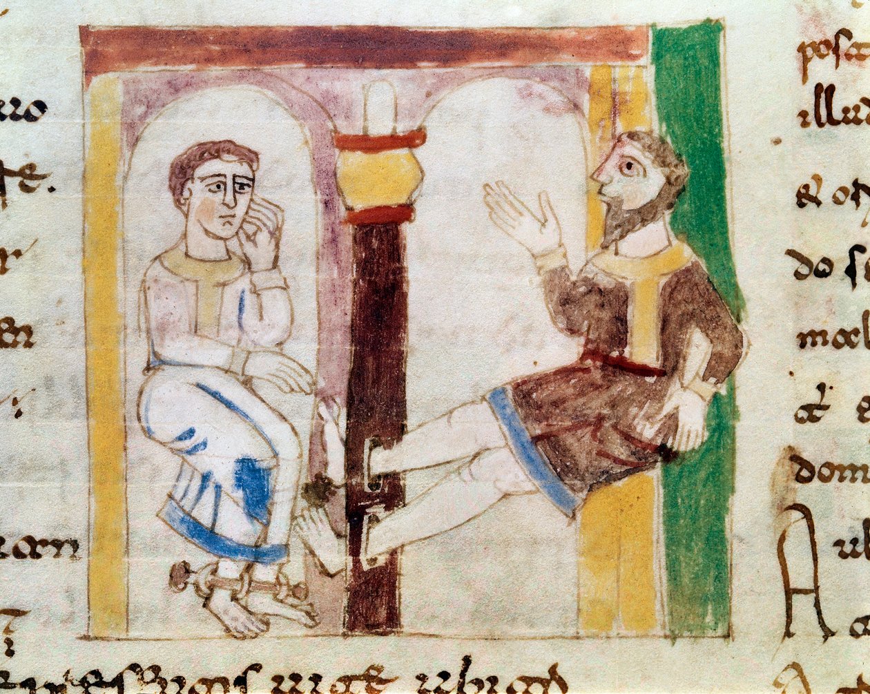 Representação de dois detenus numa prisão, um dos quais preso a um pelourinho miniatura do manuscrito "De Universo" (ou De rerum naturis (De la Nature des choses) (cód. 132) de Rabanus Maurus Magnentius (ou Raban Maur ou Rabano Mauro) (ca. 78 de German School