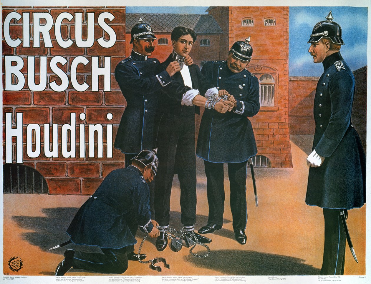 Reprodução de um cartaz de 1907 mostrando Houdini antes de uma fuga de uma prisão alemã de German School