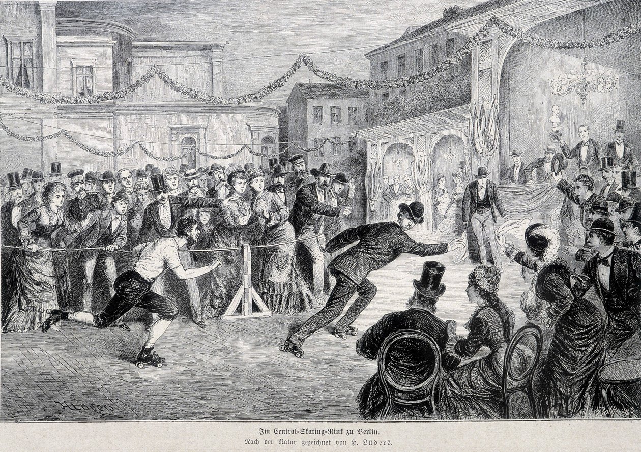 Corrida de roleta de skate em Berlim em 1878. de German School