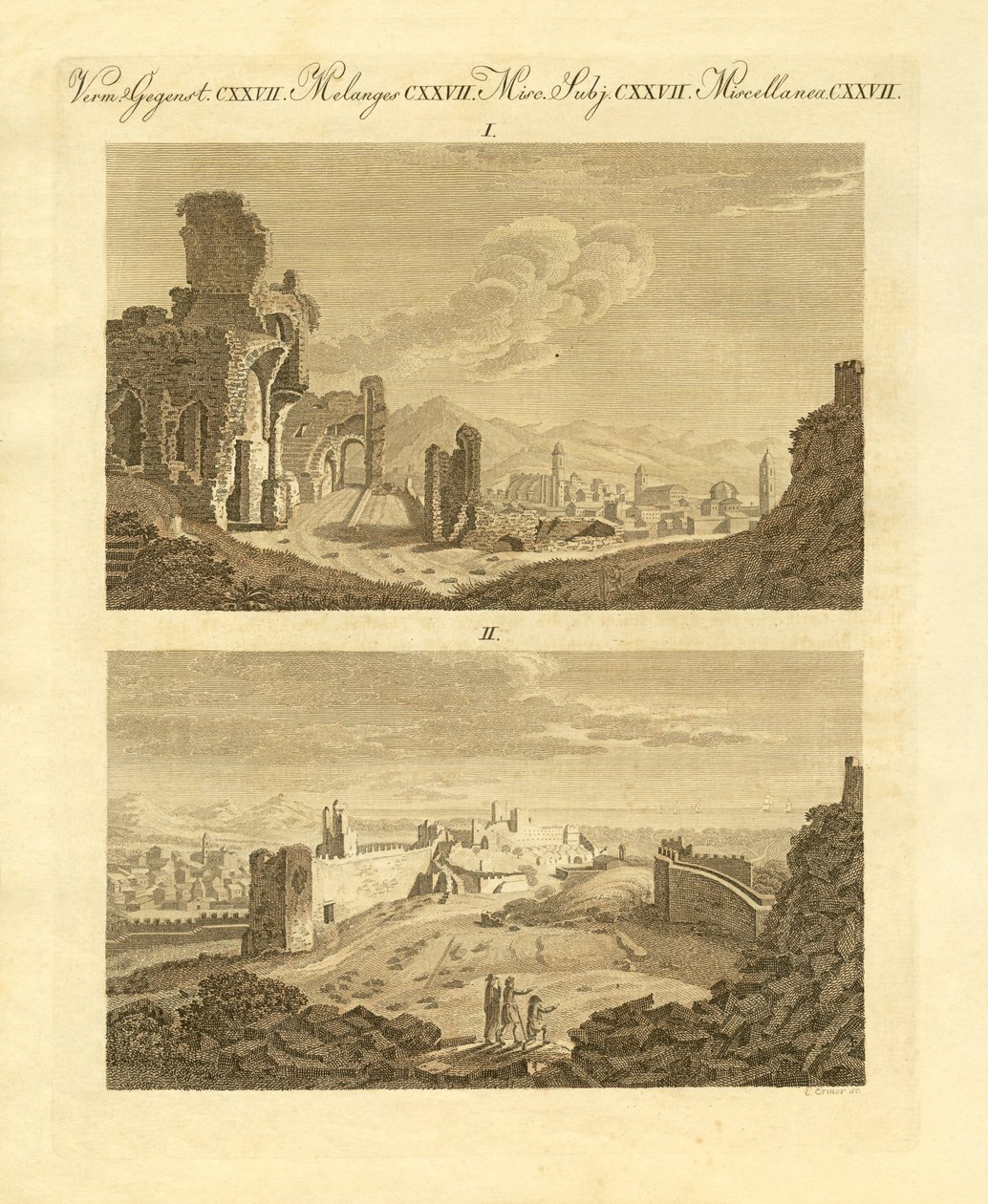Ruínas da antiga cidade de Sagunto em Espanha (gravura colorida) de German School