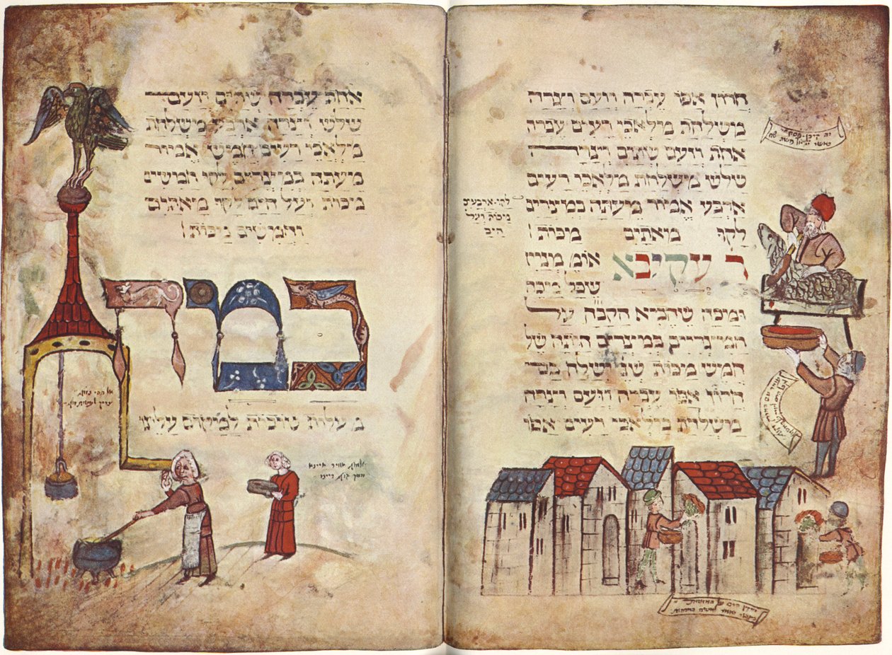 Sacrifício do cordeiro pascal e passagem de Rabi Akiva, Êxodo 12, versículo 22, Haggadah (velino) de German School