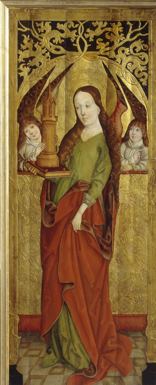 Sainte Barbe ou Barbe, o Grande Mártir (século III). (Santa Bárbara). Levando em um platô uma torre com três janelas. Pintura de um mestre vestfaliano (ativo entre 1470 e 1480), óleo sobre madeira, cerca de 1470-1480. arte alemã de German School