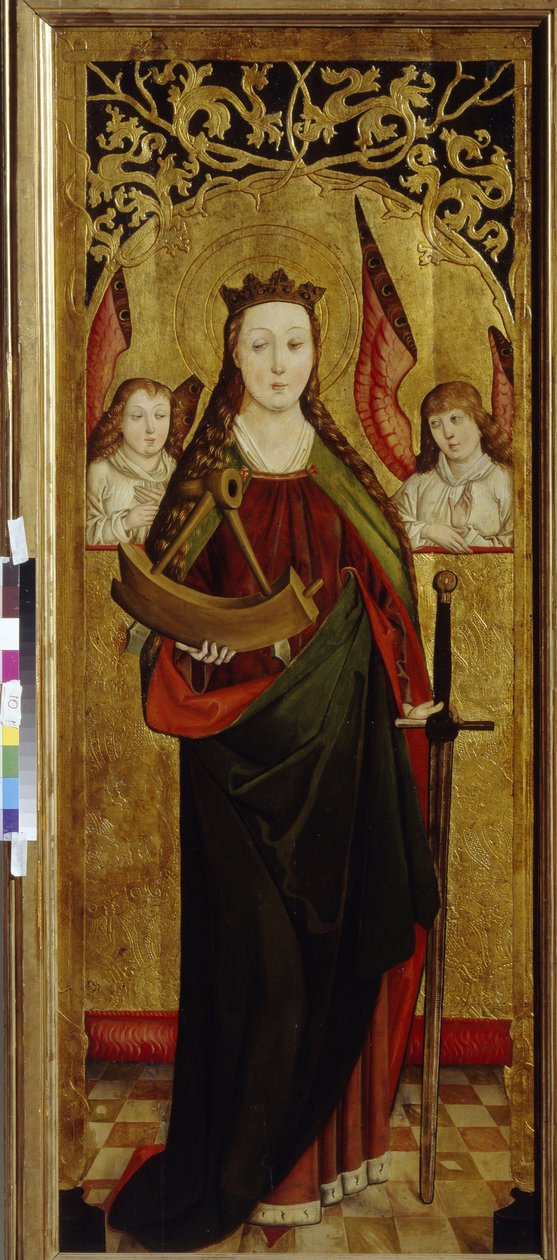 Santa Catarina de Alexandria (ca. 290- 307) (Santa Catarina). Transportando um pedaço da roda do seu martírio. Pintura por um mestre vestefaliano (actf entre 1470 e 1480), óleo sobre madeira, ca. 1470-1480. Arte alemã de German School