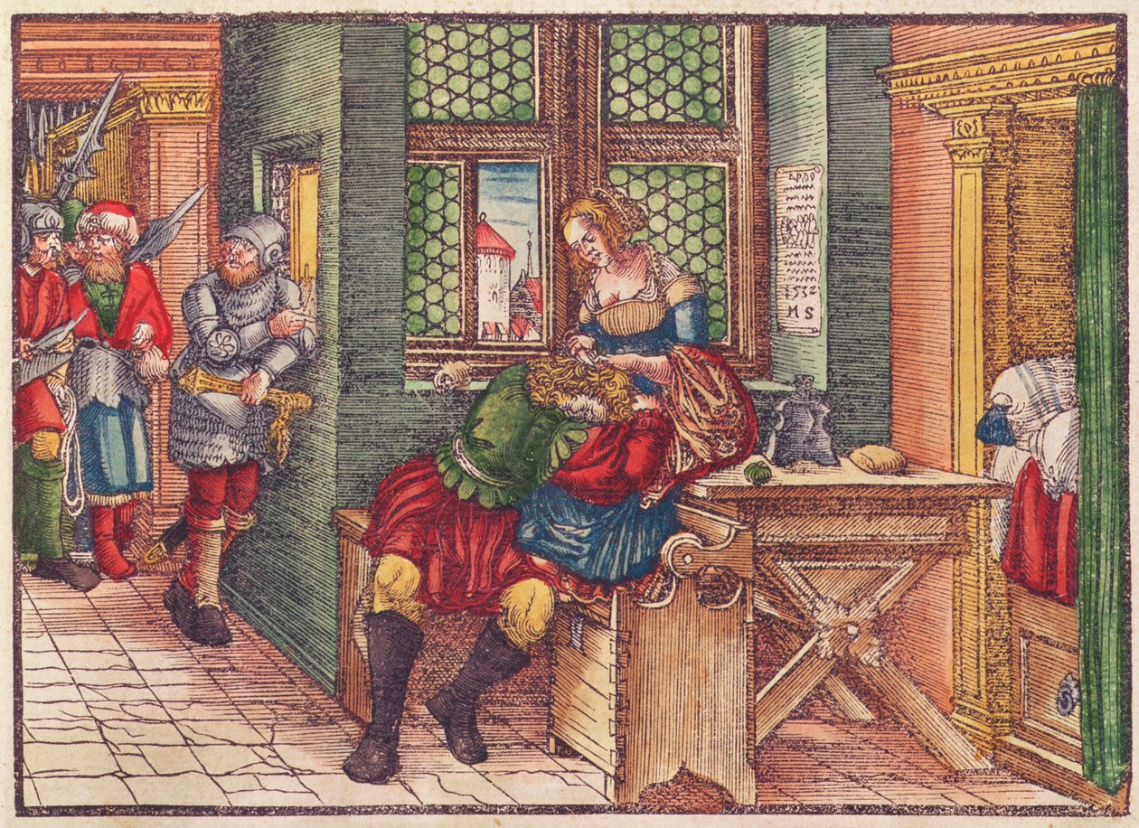 Sansão e Dalila, da Bíblia de Lutero, c.1530 (xilogravura colorida) de German School