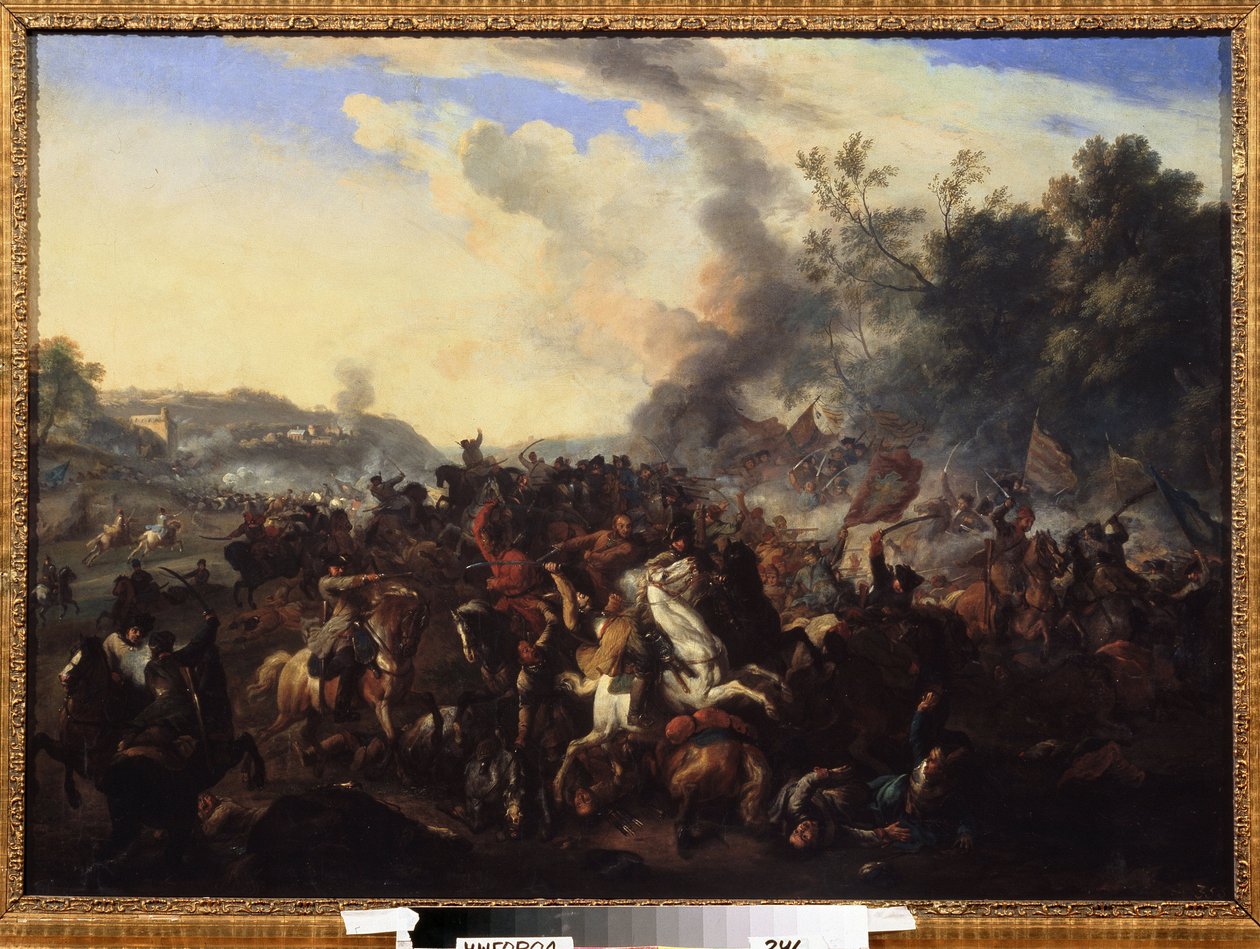 "Cena de batalha" Cavaleiros e cavalos amontoados durante uma luta. Pintura anónima da escola alemã. Museu Regional de Arte do Século XVII, Uzhhorod, Ucrânia de German School