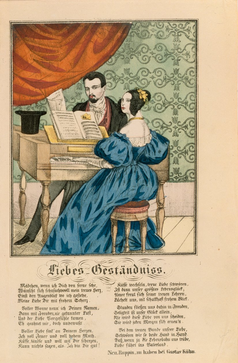Cena mostrando um casal ao piano, com um poema de amor escrito por baixo, de Neuruppiner Bilderbogen, 1850 de German School