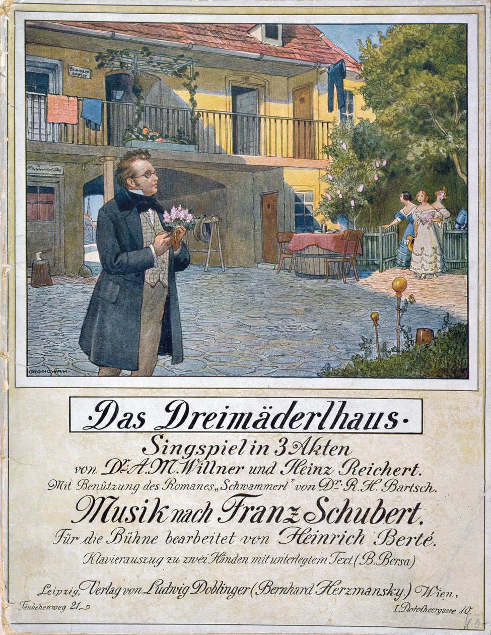 Pontuação Capa de Das Dreimaederlhaus (A Casa das Três Garotas) representando Schubert na frente da casa, 1916 de German School