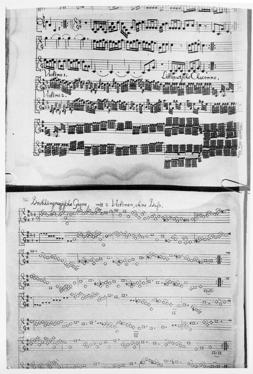 Placar para a Suíte Telemann de dois violinos, a &39;Suíte Gulliver&39;, incluindo a &39;Chacona dos Liliputianos&39;, impressa em Hamburgo em 1728 de German School