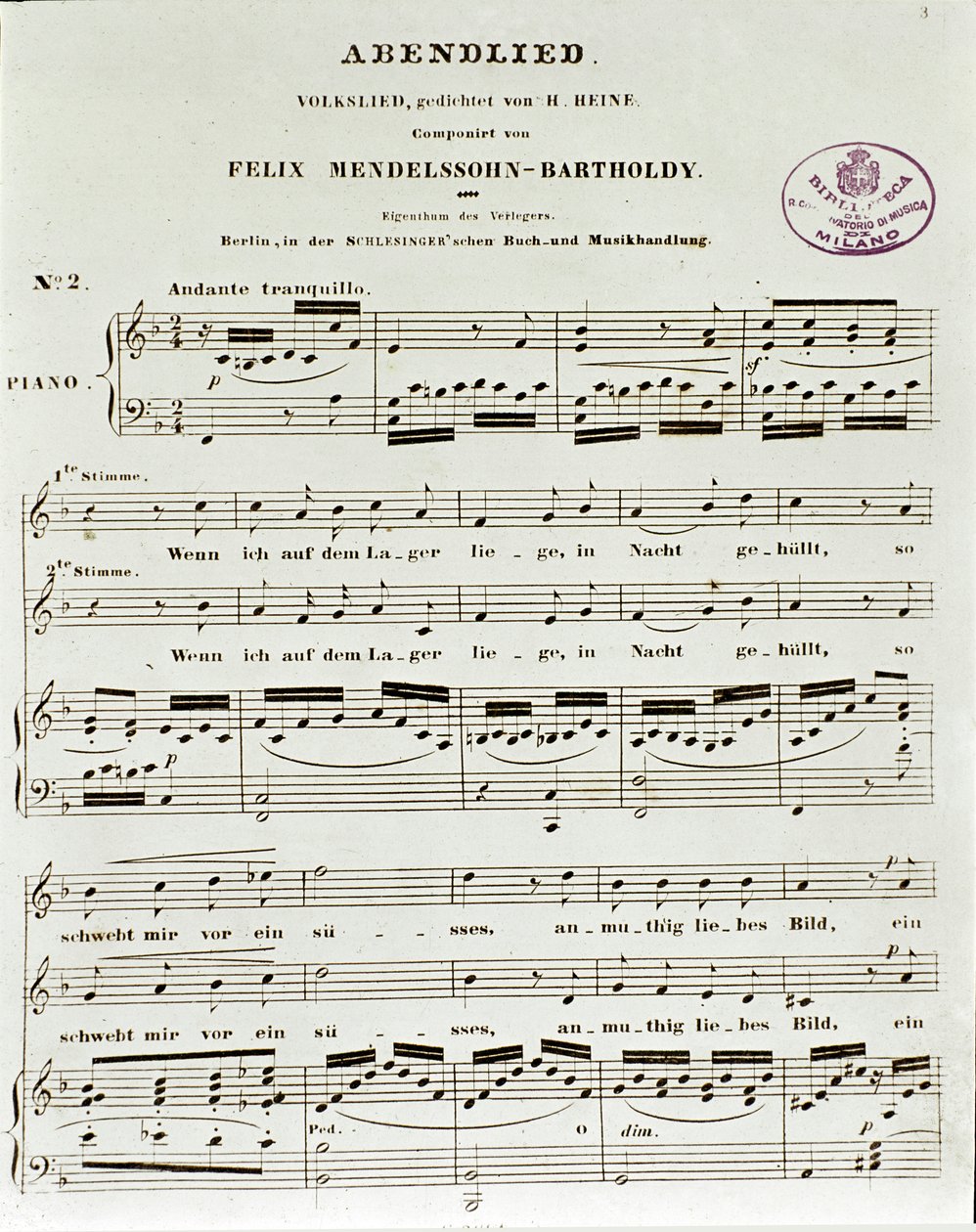 Página de partitura da música da noite por Felix Mendelssohn de German School