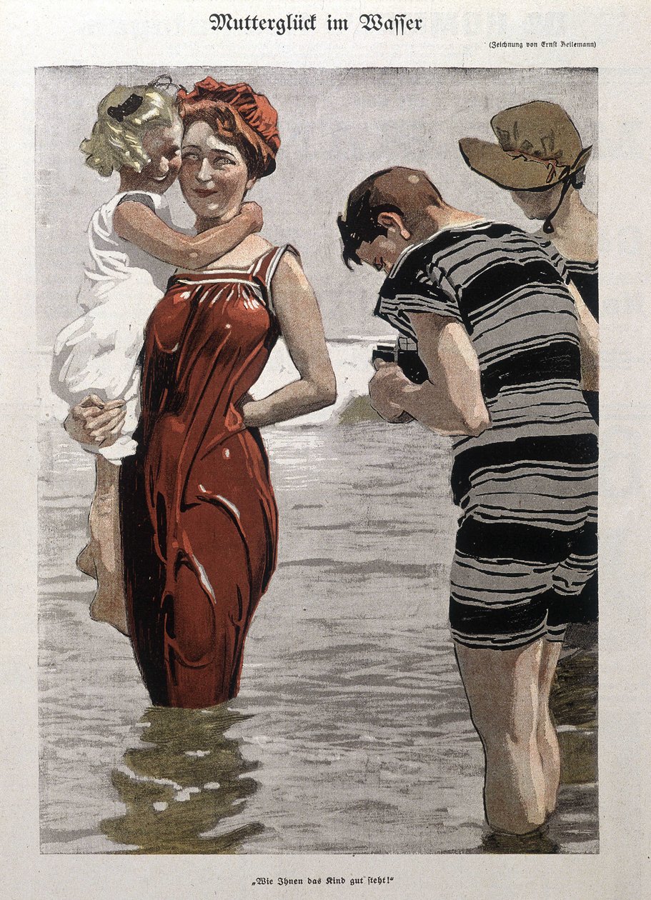 Banho de mar: uma mulher e sua filha em fato de banho - n.d. de German School