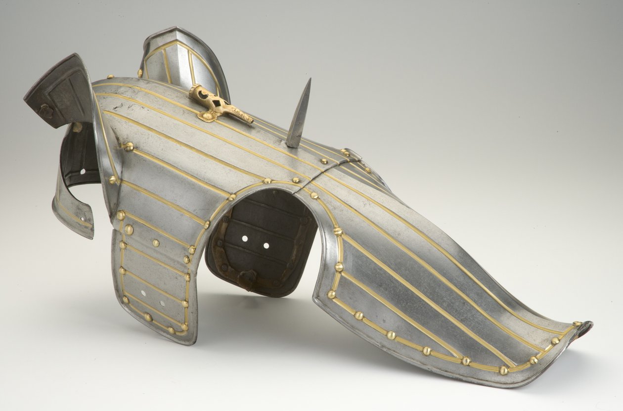 Shaffron, armadura de cabeça de cavalo (aço, latão e ferro com pintura dourada ou dourada) de German School