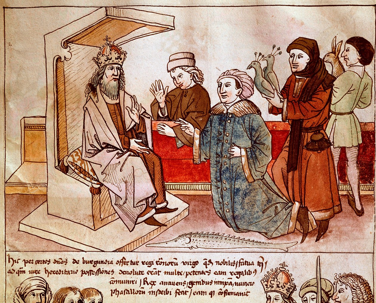 Sigismundo I de Luxemburgo (1368-1437), imperador do Santo Império, recebe o tributo dos povos submissos. Miniatura de "Chronicles of the Council of Constance" de Ulrich Richental (1360-1437) 1438 aproximadamente Praga, biblioteca nacional de German School