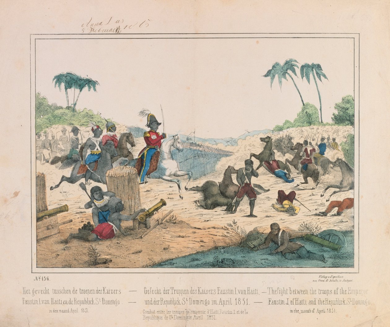 Escaramuça entre tropas do imperador Fuastin I do Haiti e da República Dominicana de Santo Domingo em abril de 1851, panfleto pictórico publicado por Fried. Schulz Verlag, Stuttgart, 1851 de German School