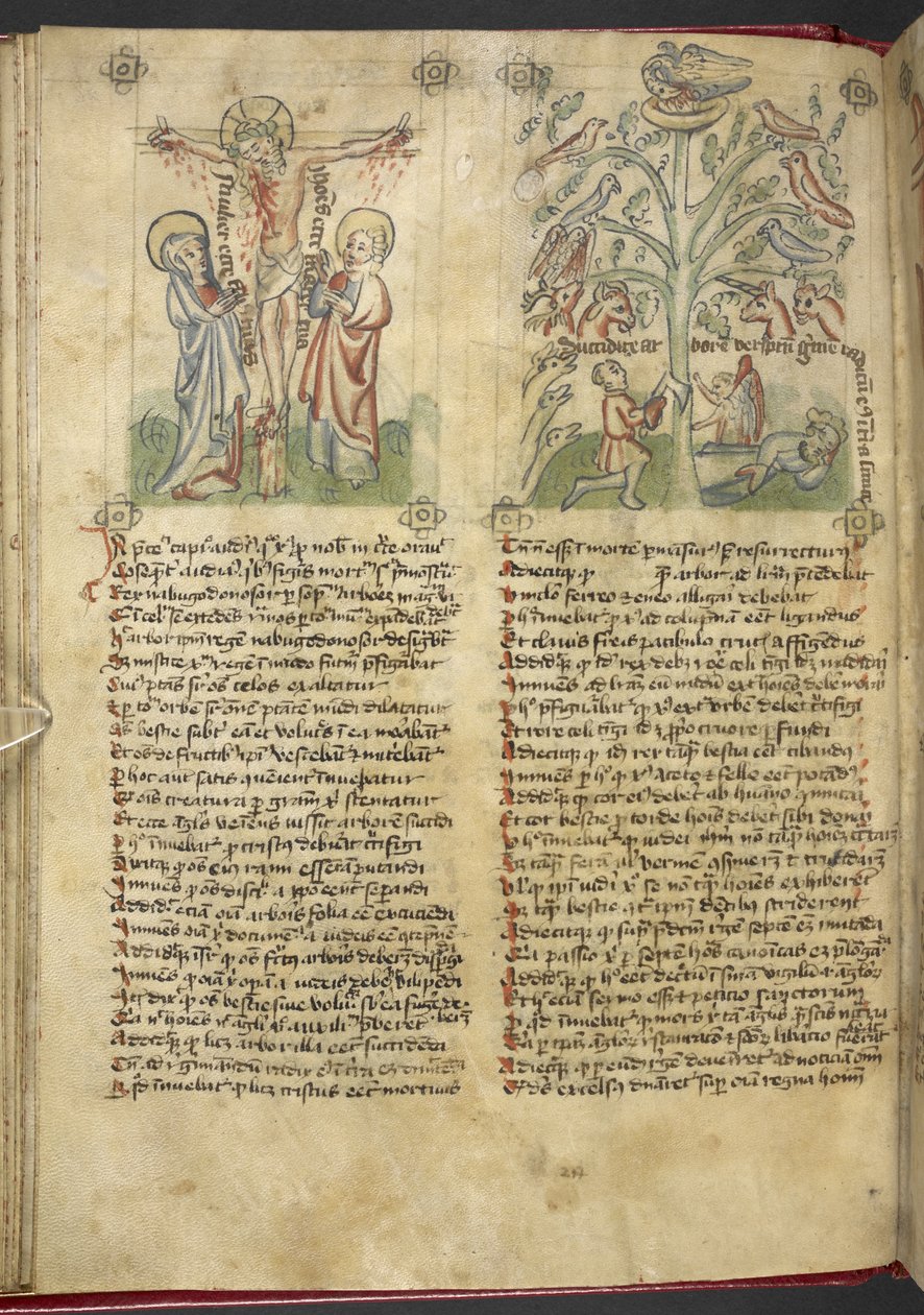 Sloane 361, f.26v Nabucodonosor vê uma árvore em sonho; a Crucificação, de 