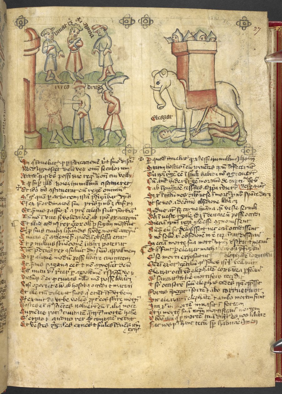 Sloane 361, f.27 O rei Codrus entrega-se para ser morto pelo seu povo, e Eleazar Maccabeus apunhalando o elefante e sendo esmagado por ele, de "Speculum Humanae Salvation" (tinta e cor no velino) de German School