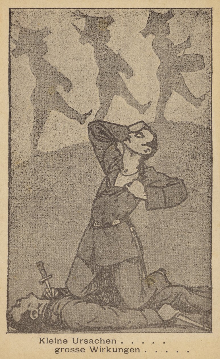 Pequenas causas, grandes efeitos. Ilustração alemã contra a guerra, publicada pela WILPF (Liga Internacional das Mulheres para a Paz e a Liberdade), finais da década de 1920 (litografia) de German School