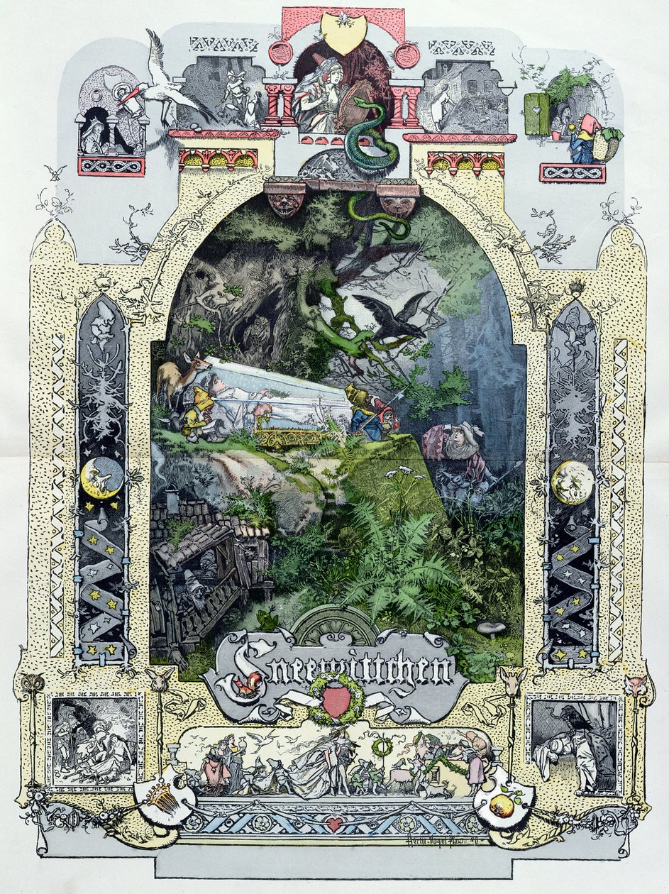 Branca de Neve em seu Cofre de Vidro, ilustração de Muenchener Bilderbogen, c.1880 de German School