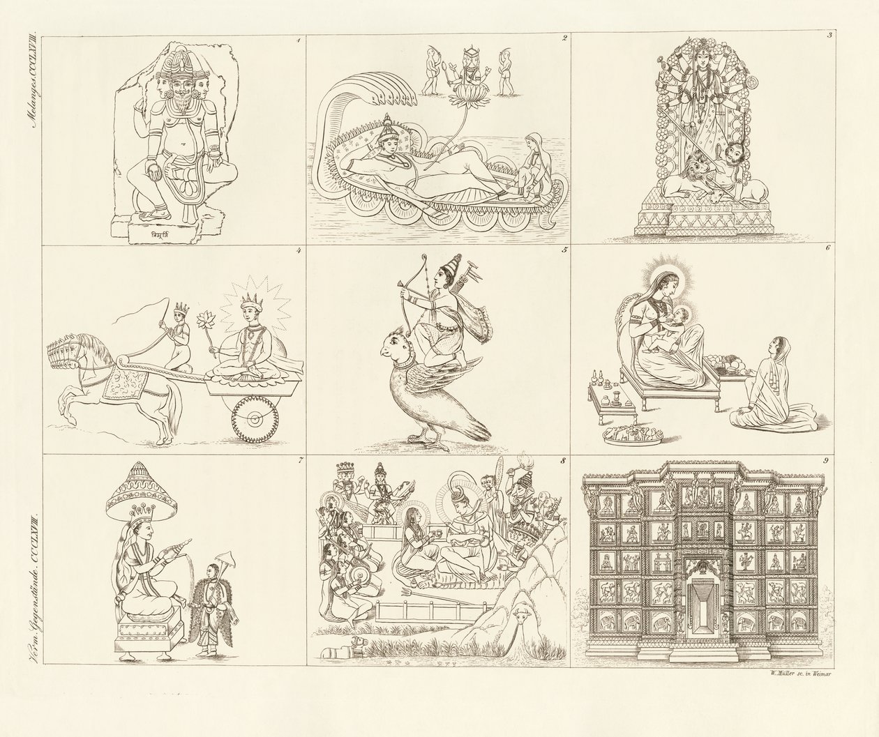 Algumas descrições da mitologia indiana (gravura colorida) de German School