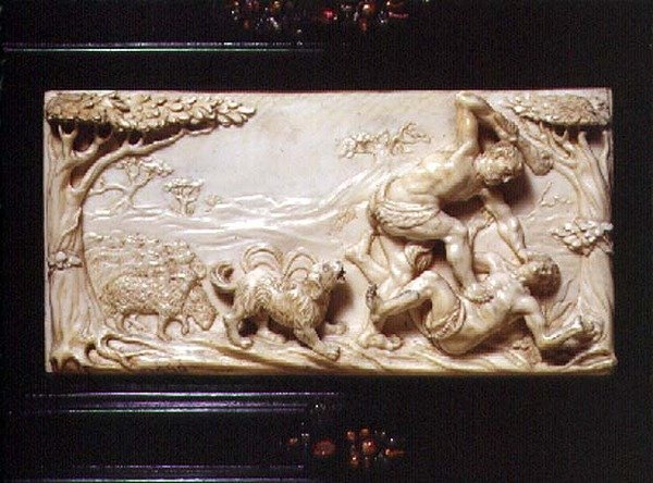 Gabinete Kunst da Alemanha do Sul, detalhe de placa esculpida representando Caim e Abel, 1690 de German School