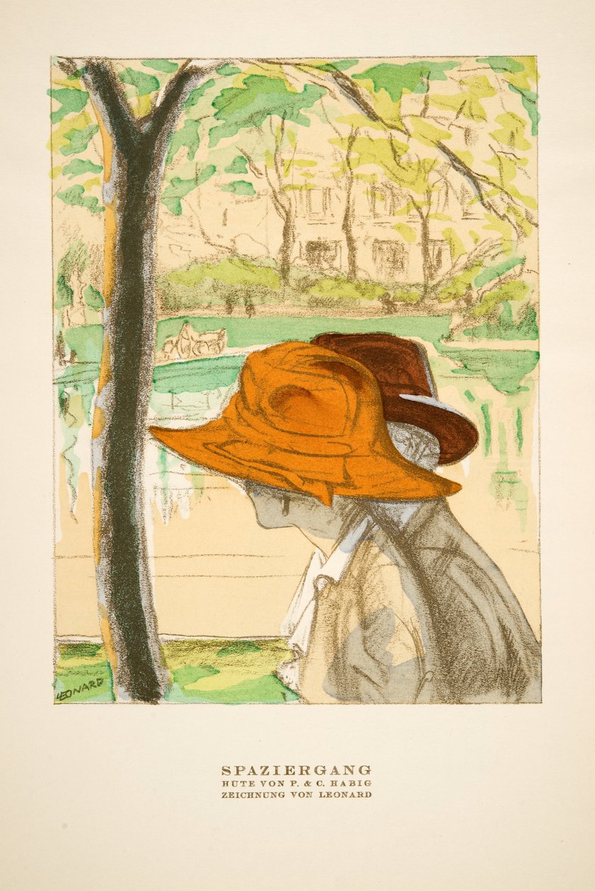 "Spaziergang", anúncio de chapéus de P  C Habig, de Styl, pub.1922 (impressão pochoir) de German School