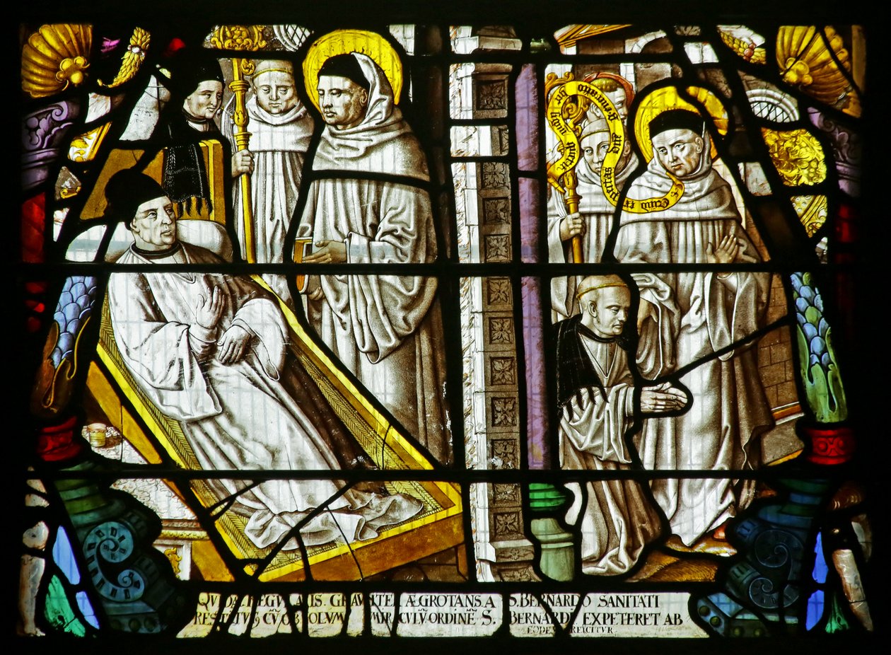 São Bernardo cura um homem doente que depois deseja juntar-se à ordem - mas é mandado embora, c.1500 (vidro manchado) de German School