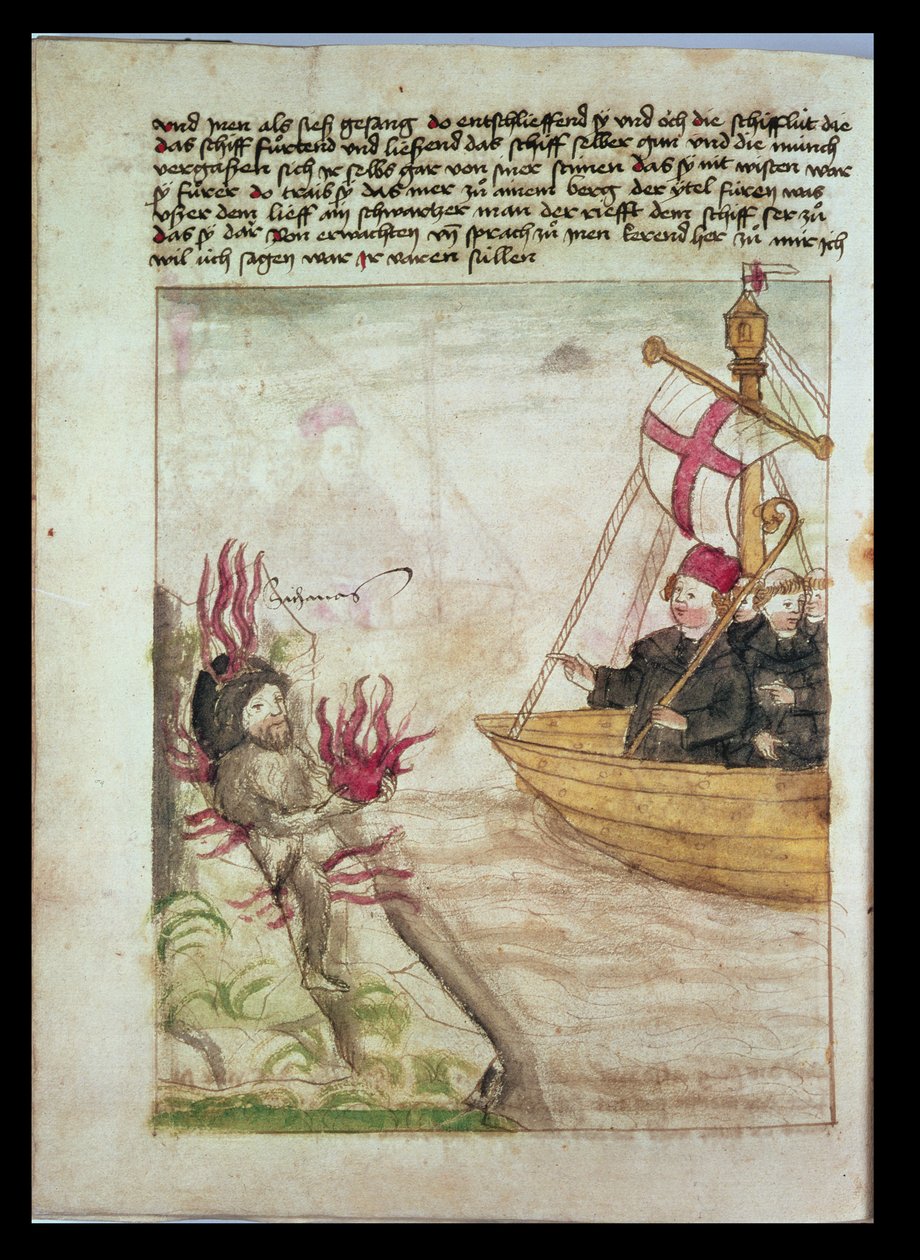 St. Brendan em seu navio a partir da tradução alemã de navegação St. Brendan Abbot, c.1476 de German School