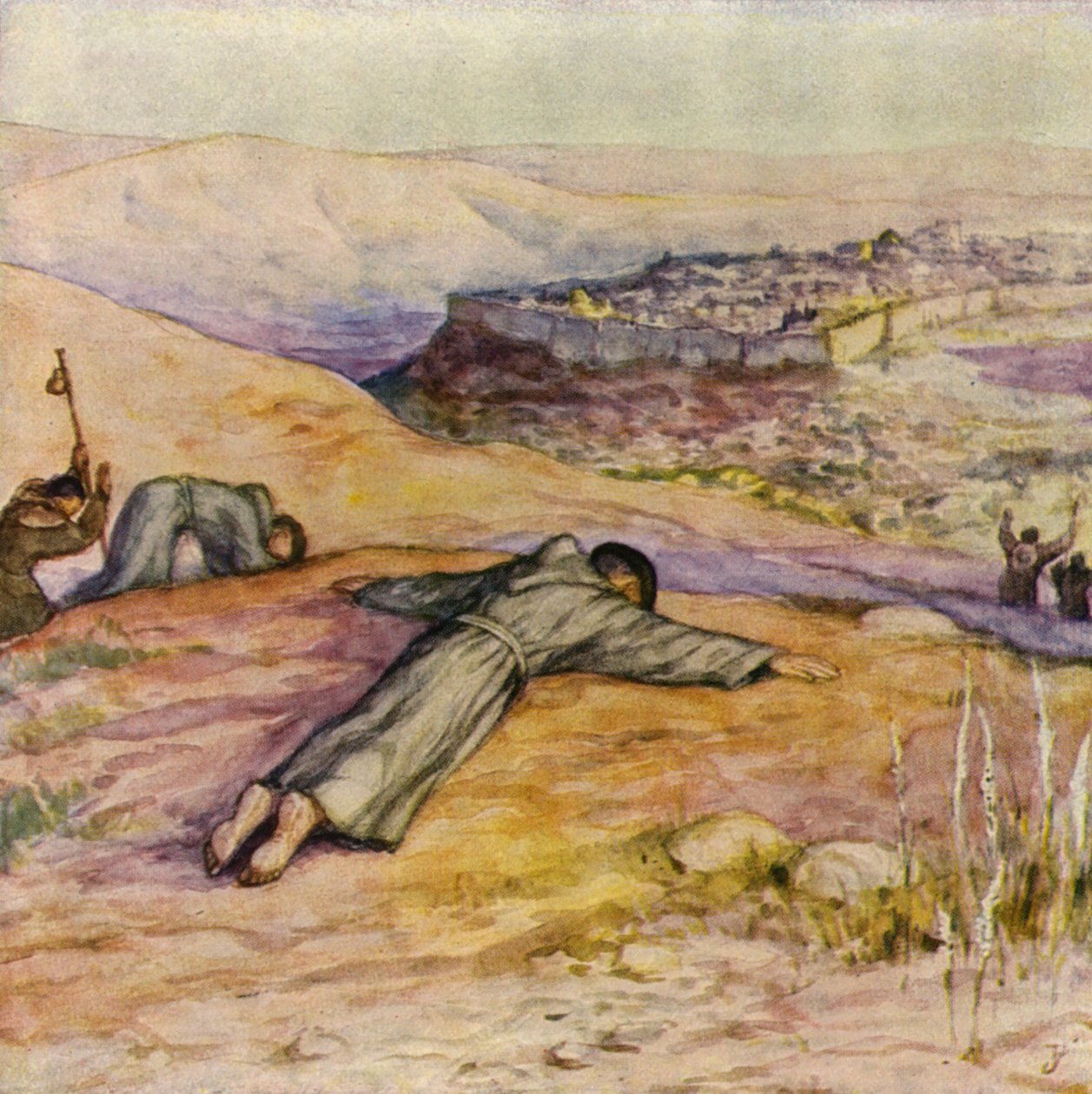 São Francisco a chegar a Jerusalém (litografia a cores) de German School