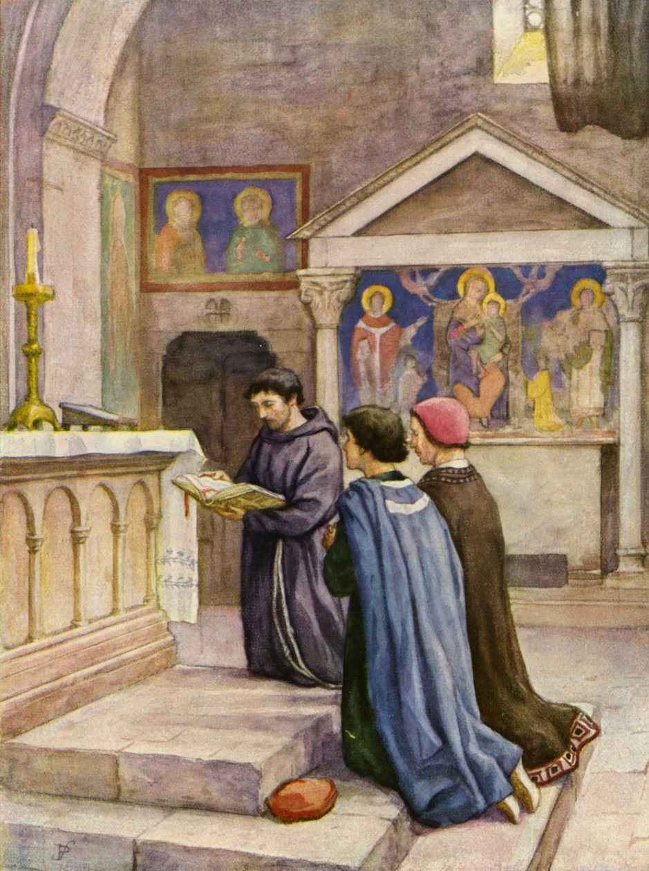 São Francisco lendo o Evangelho (litografia a cores) de German School