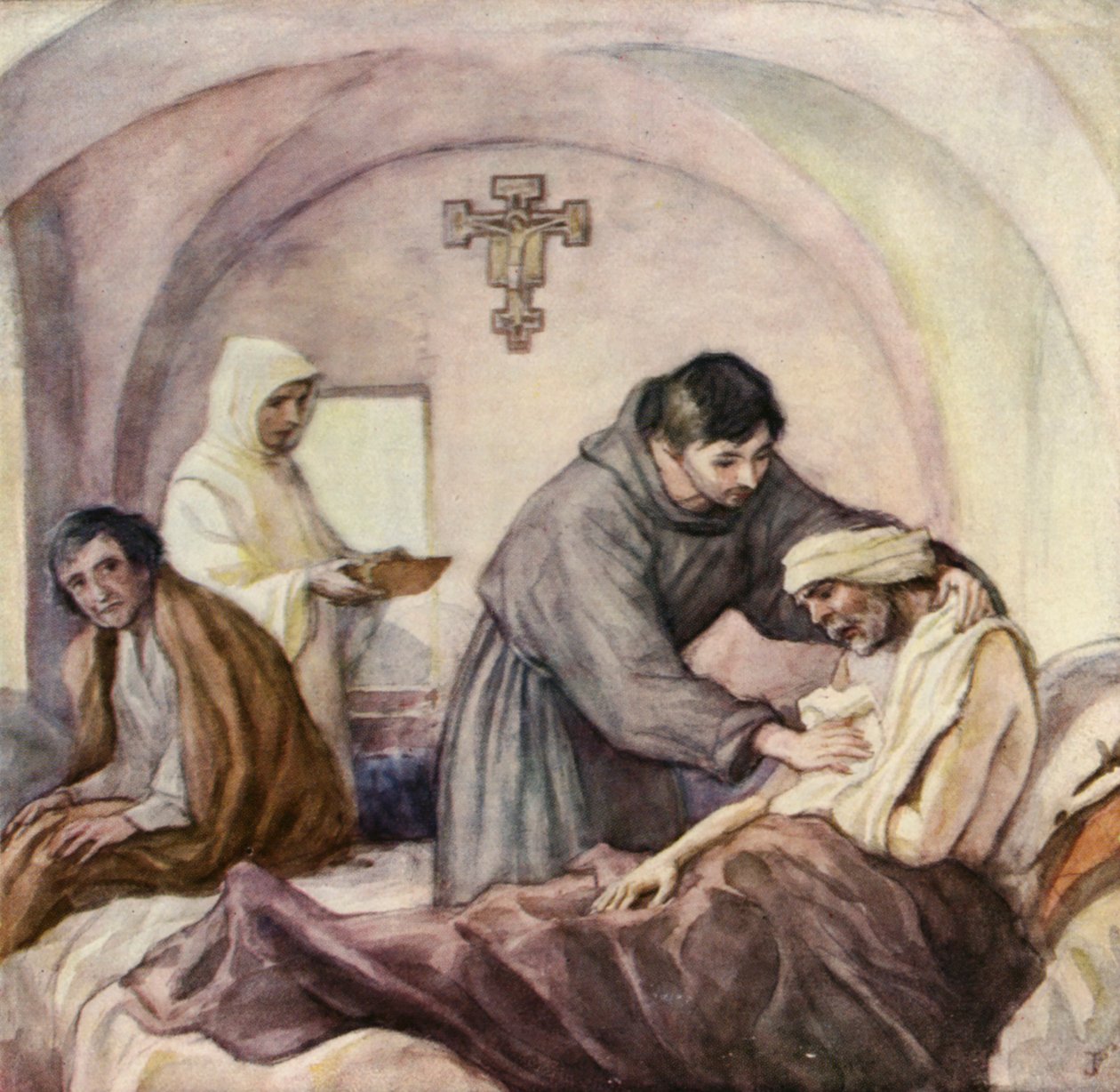 São Francisco a trabalhar no hospital dos leprosos de Gubbio (litografia a cores) de German School