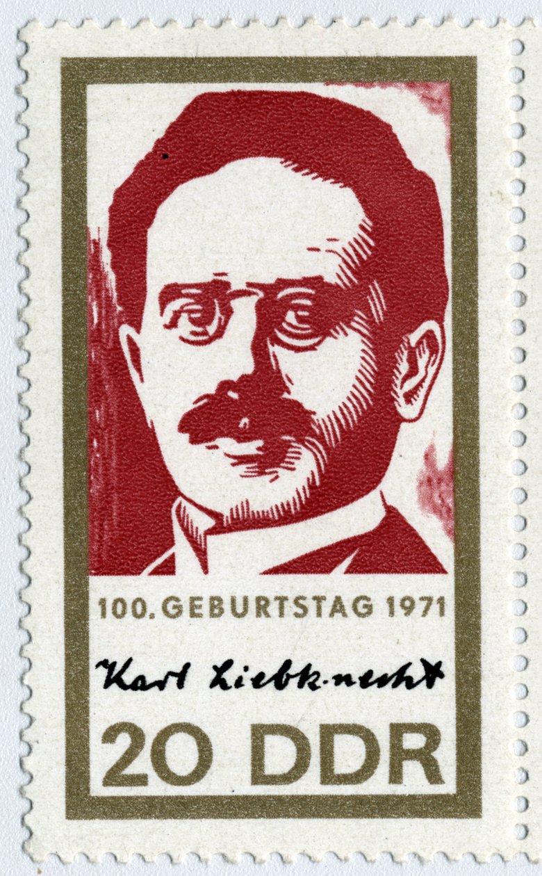 Selo representando Karl Liebknecht (1871-1919), um comunista revolucionário alemão, um dos fundadores do movimento Spartakist (Spartakismo ou Partido Social Democrata Alemão). de German School
