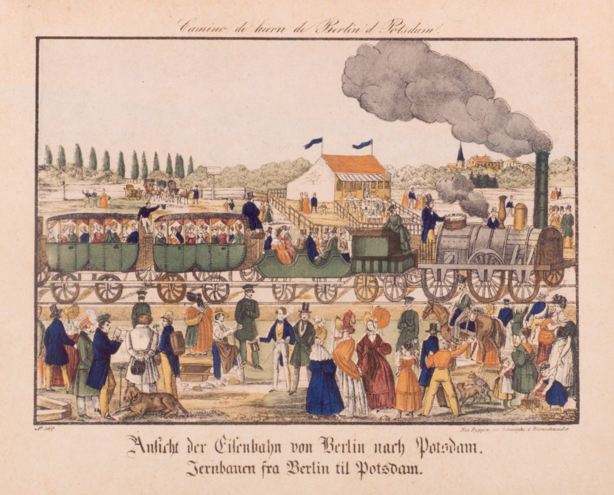 Ferrovia a vapor entre Berlim e Potsdam, Neuruppiner Bilderbogen, c.1840 de German School