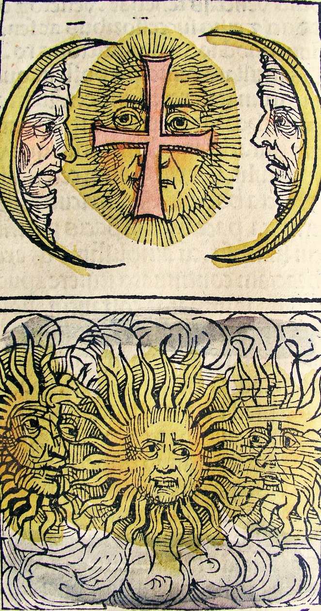 Cães Sol e Cães da Lua, publicado no Nuremberg Chronicle, 1493 de German School
