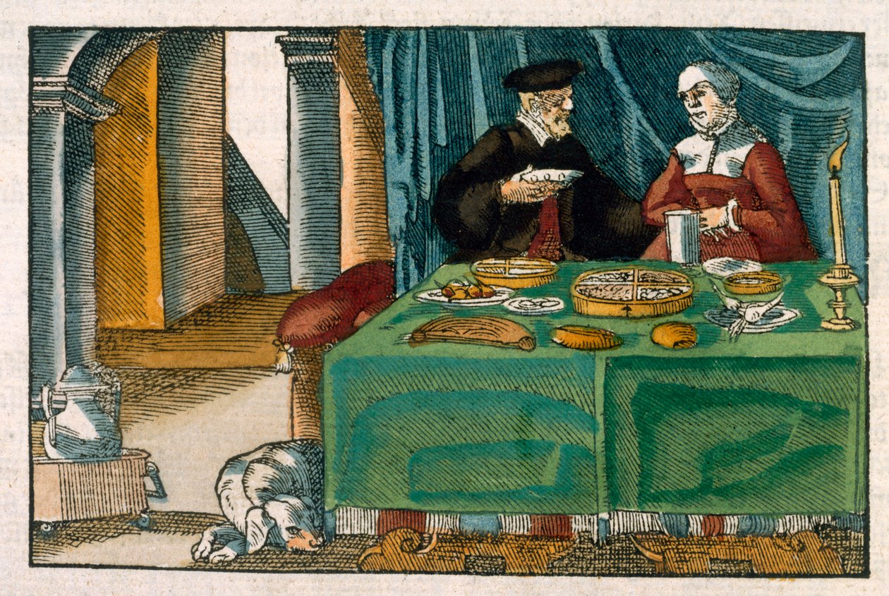 Mesa do jantar, de um manuscrito alemão, c.1650 (gravura colorida à mão) de German School
