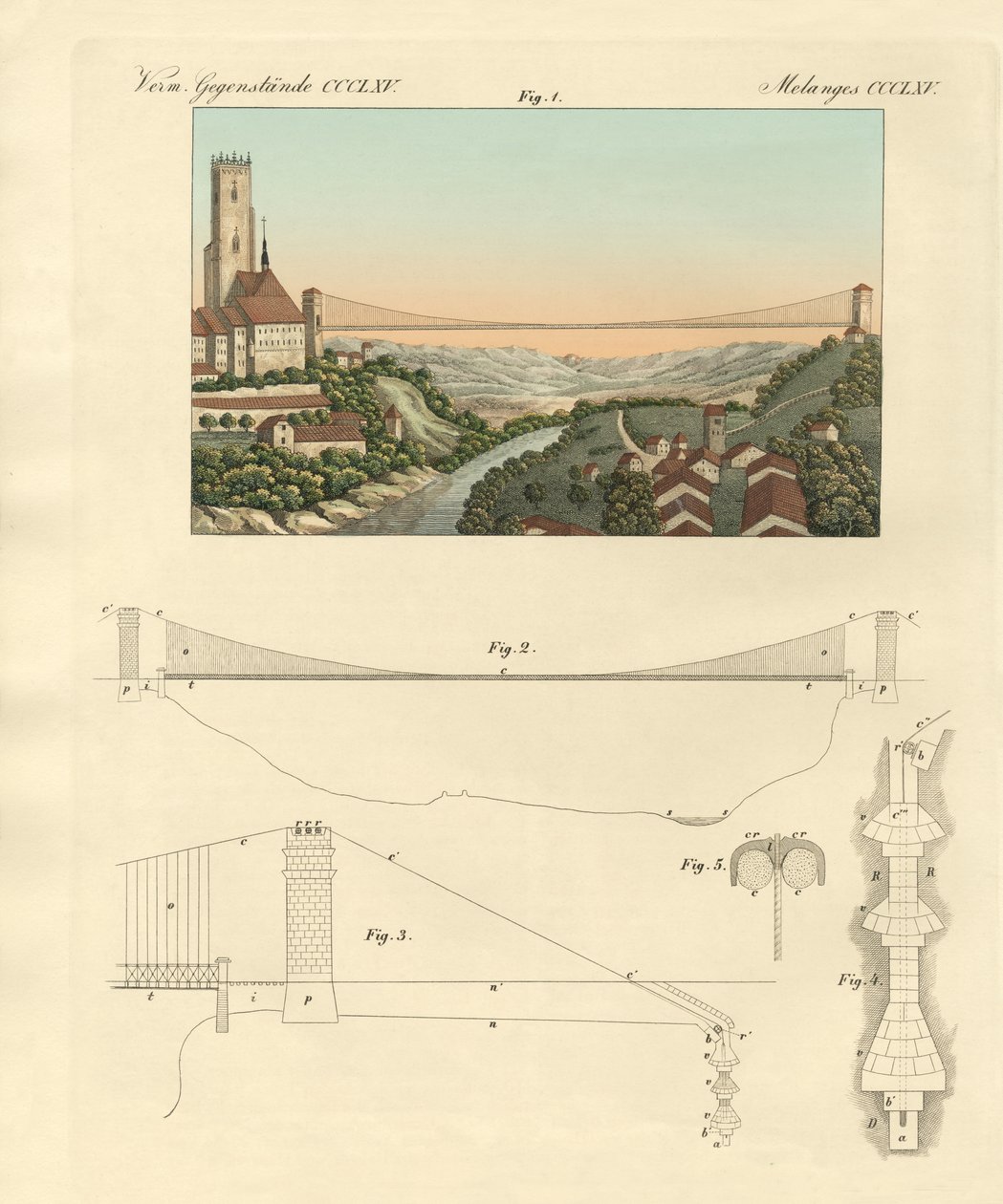 Ponte suspensa de Friburgo na Suíça (gravura a cores) de German School