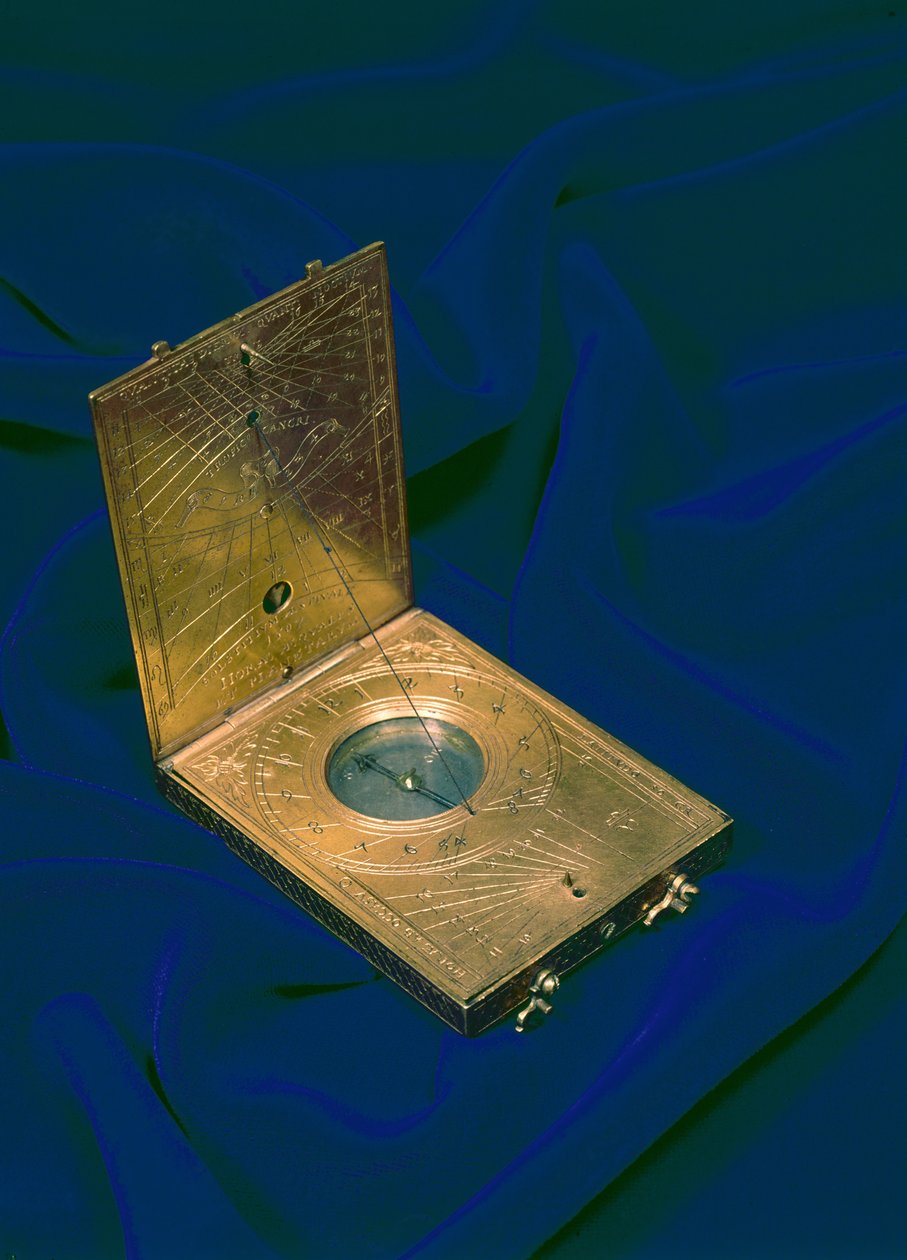 Relógio de sol da tabuleta, 1592 (bronze dourado) de German School