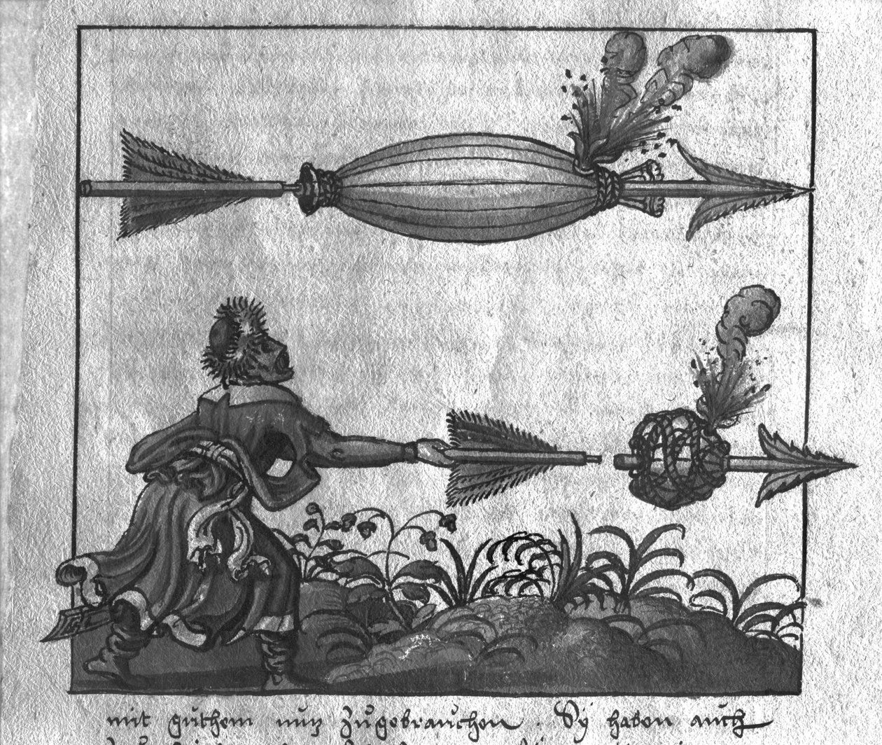 Uso Tático da Artilharia: Flechas Incendiárias, ilustração de LArt de lArtillerie de Wolff de Senftenberg, final do século XVI de German School