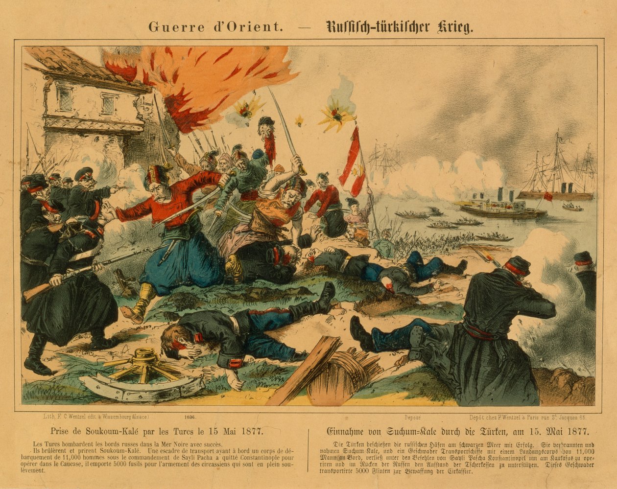 Tomada de Suchum-Kale pelos turcos durante a guerra russo-turca, 15 de maio de 1877, publicada pelo FC Wentzel, Weissenburg, 1877 de German School