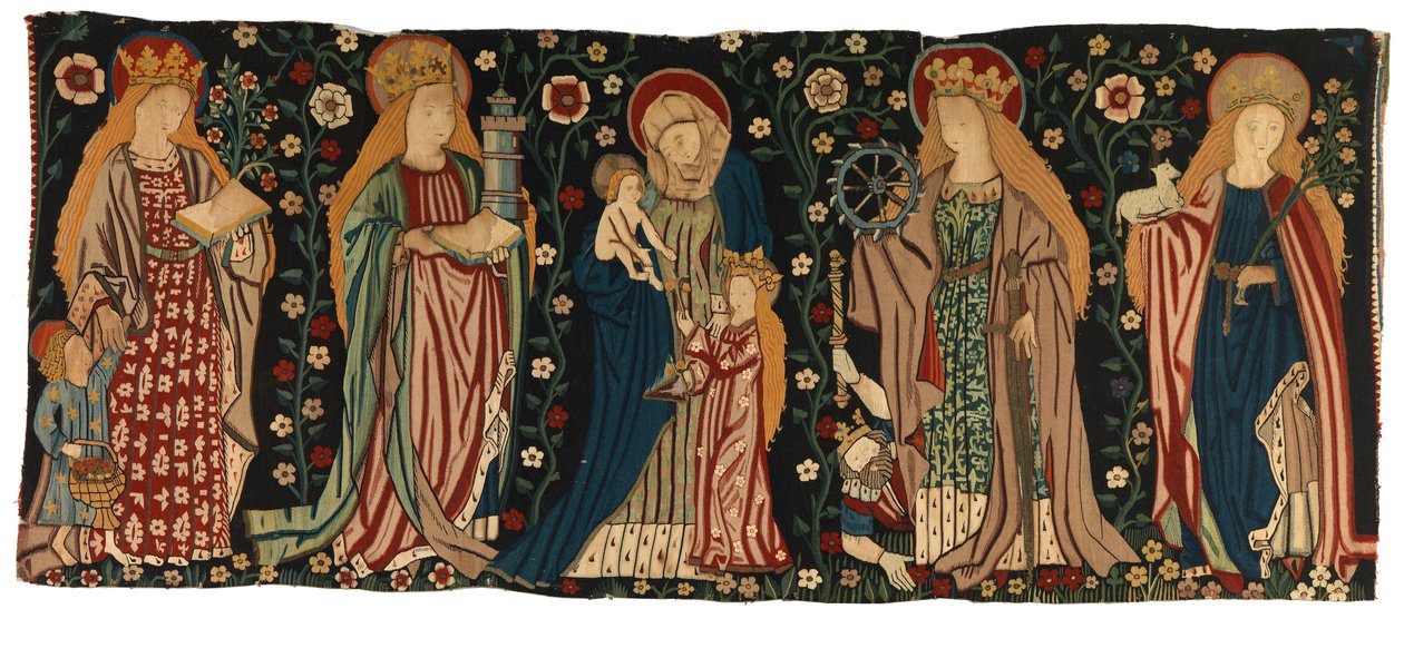 Antepêndio de tapeçaria representando Santa Ana, a Virgem e Cristo, e quatro santas, da Renânia Média de German School
