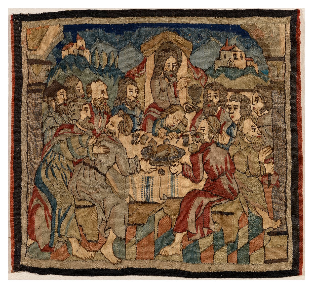 Painel de tapeçaria com cenas da Paixão de um antepêndio, da Alta Renânia (lã e linho) de German School