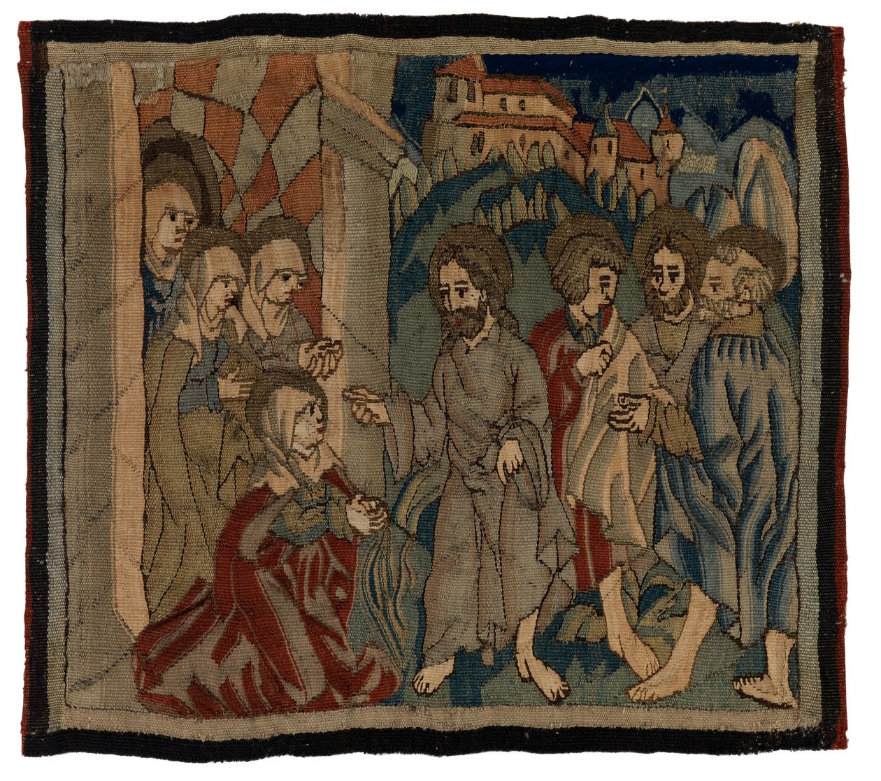 Painel de tapeçaria com cenas da Paixão de um antepêndio, da Alta Renânia (lã e linho) de German School