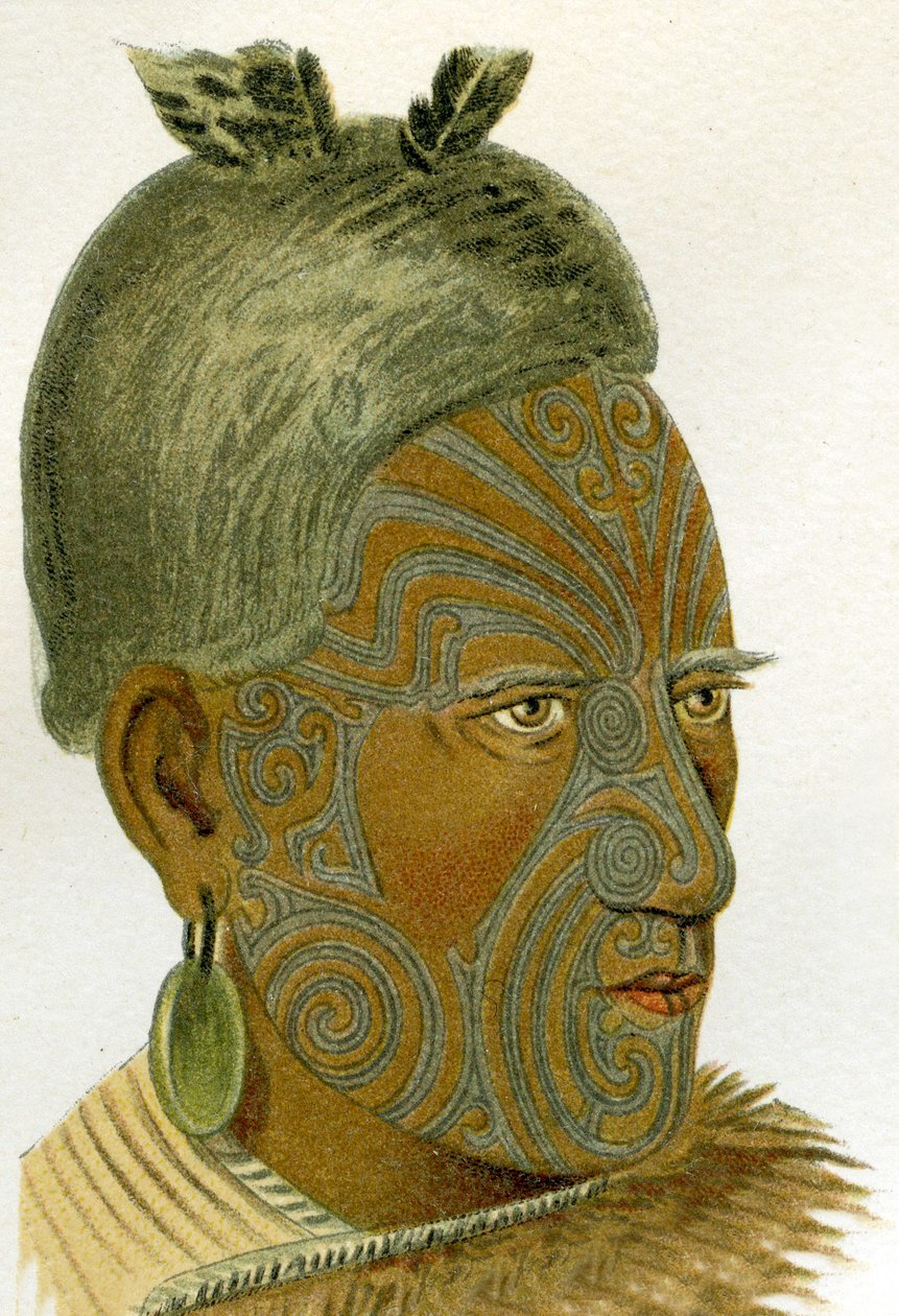 Rosto tatuado de um chefe maori, 1894 de German School