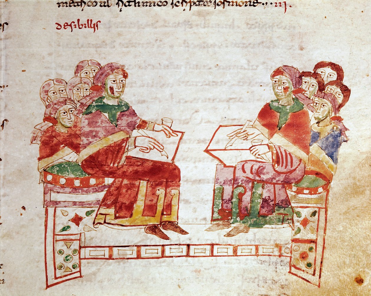 Cena de ensino numa escola em miniatura tirada do volume "de Gymnasium" em "De Universo" (ou De rerum naturis (De la Nature des choses)) (cod. 132) por Rabanus Maurus Magnentius (ou Raban Maur ou Rabano Mauro) (ca. 780-856). Século IX. Arquivo de de German School