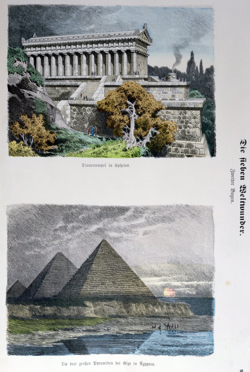 Templo de Diana em Éfeso e as Pirâmides de Gizé, de uma série das Sete Maravilhas do Mundo publicadas em Munchener Bilderbogen, 1886 (gravura colorida) de German School